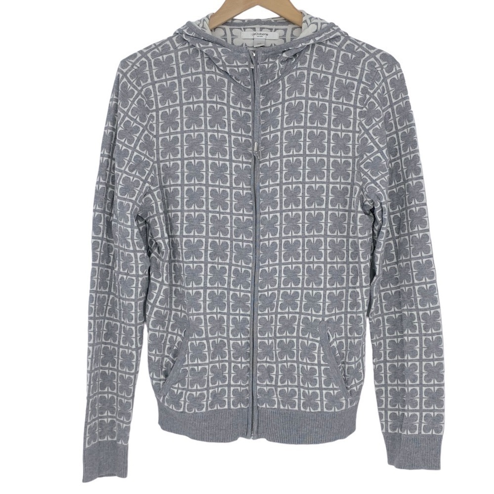 Liz Claiborne gray & white print zippered hoodie sweatshirt wms sz large